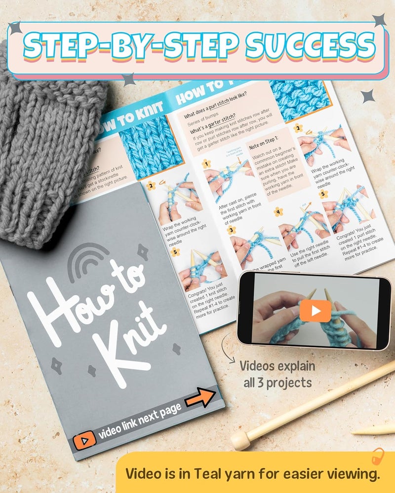 Granny Squirrel Complete Knitting Kit for Beginners - Learn to Knit Kit with Knitting Accessories Like Thick Beginner Yarn in Gray, Bamboo Needles for Beginners & More - Includes Video Tutorials & Written Guide - Image 3